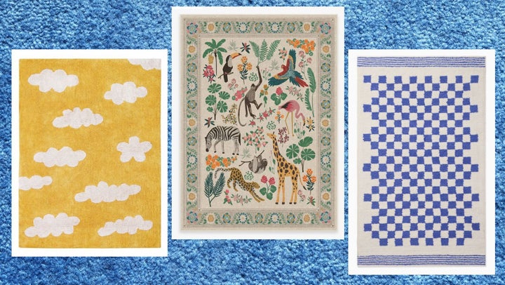 A cotton abstract area rug, a machine washable jungle-themed rug and a soft checkered shag rug.