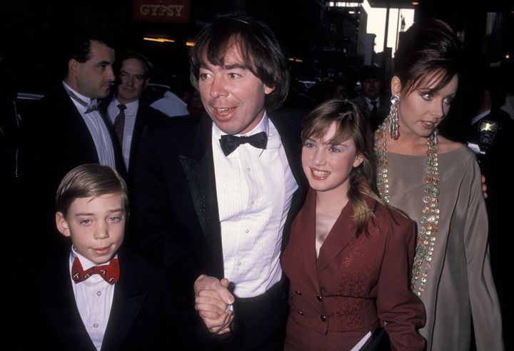 Lloyd Webber (center) with son Nicholas, daughter Imogen and former wife Sarah Brightman in 1990.