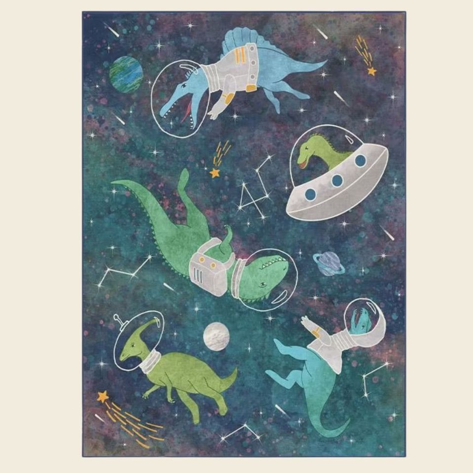 A dinosaurs-in-space machine-washable rug