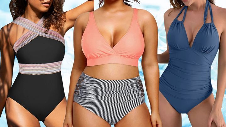 A crossover monokini with panel details, a high-waisted two piece and a tummy-control one piece.
