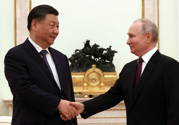 Russian President Vladimir Putin meets with China's President Xi Jinping at the Kremlin in Moscow on March 20, 2023.