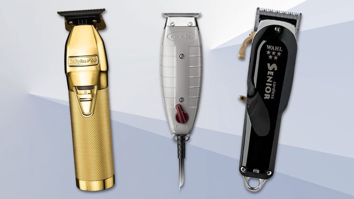 A BabylissPRO GOLDFX outlining trimmer, Andis 04710 professional T-Outliner beard and hair trimmer and Wahl Professional 5 Star Series cordless senior clipper