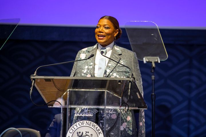 Queen Latifah speaking at the unveiling of the Harriet Tubman monument in Newark, New Jersey, on March 9.
