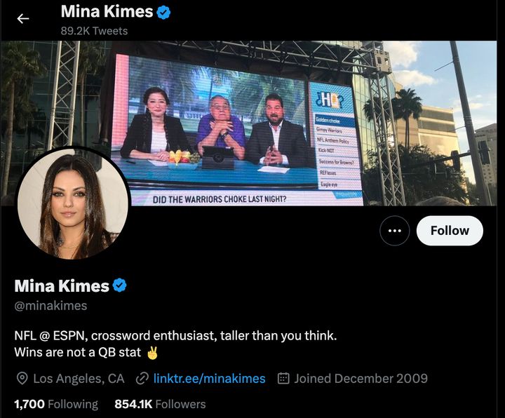 Mina Kimes updated her Twitter profile after the incident, substituting in a headshot of actor Mila Kunis.