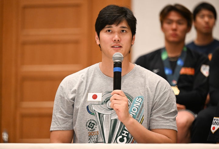 WBC優勝後の記者会見で話す大谷翔平選手=2023年3月21日、アメリカ・フロリダ州