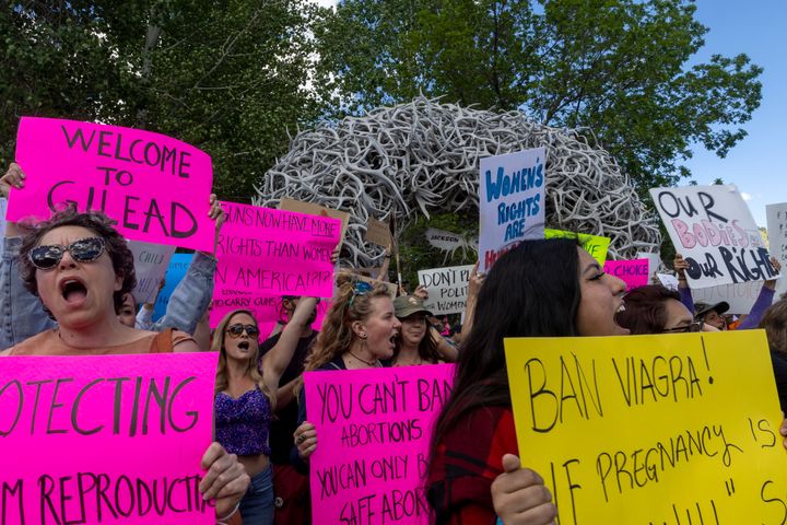 Abortion rights protesters chant slogans during a 2022 gathering in Jackson Hole, Wyoming.
