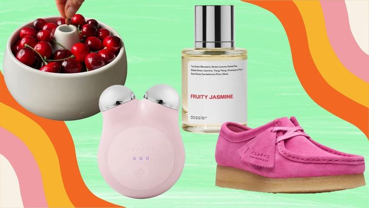 A cherry serving dish with pit receptacle, the NuFace Mini+, Dossier's Fruity Jasmine perfume and a pair of suede Wallabee shoes from Clarks. 