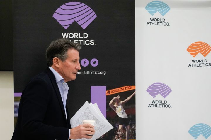 World Athletics President Sebastian Coe, seen last year, announced on Thursday that transgender athletes who have undergone male puberty will not be permitted to compete in female sporting events going forward starting next month.
