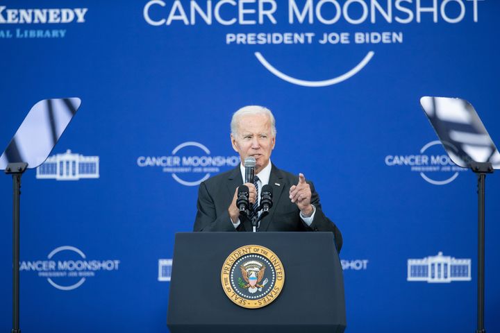 President Joe Biden speaks at an event in Boston last September to promote cancer research. It's one of his longtime causes, along with bringing down the price of drugs. Pursuing the two imperatives simultaneously can be difficult.