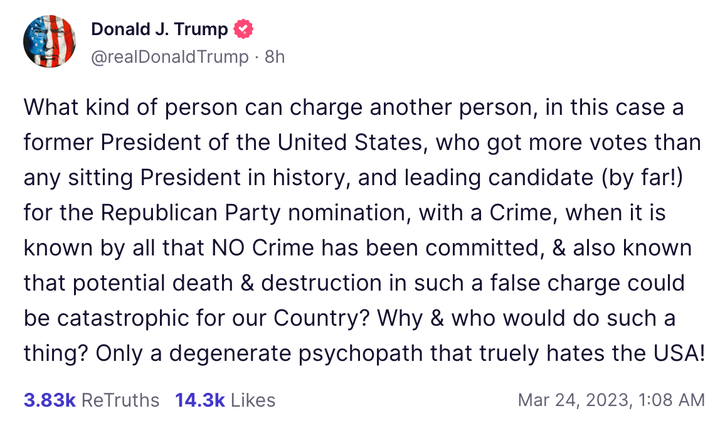 Trump posted about "potential death and destruction" if he's criminally charged.