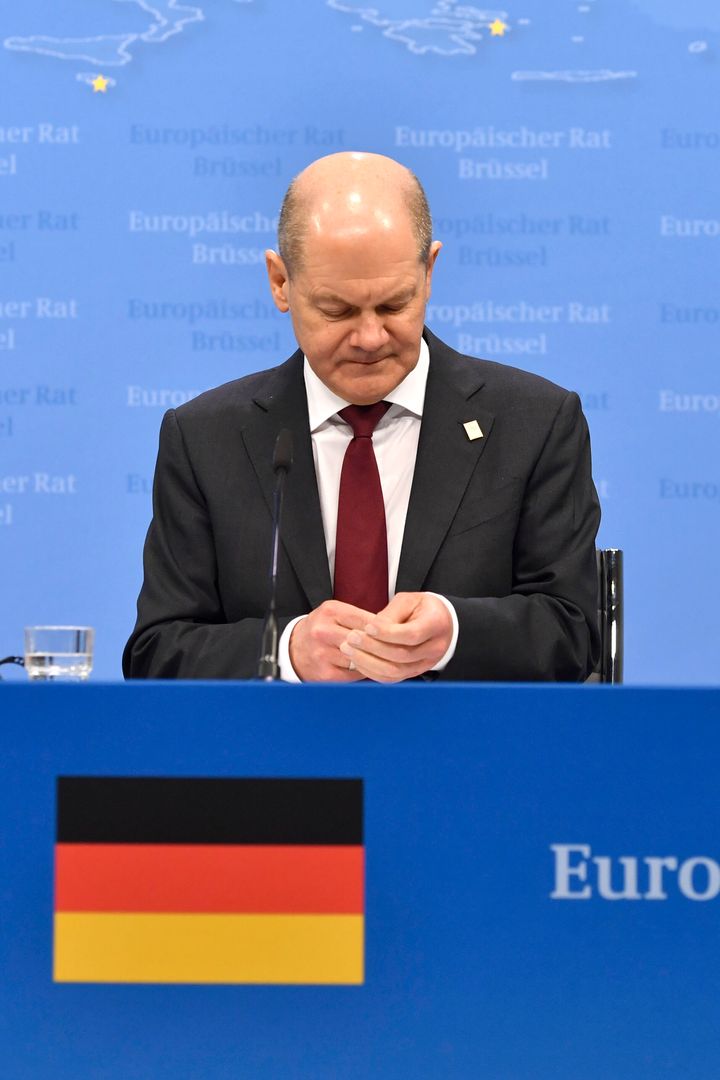 Germany's Chancellor Olaf Scholz prepares to address a media confernce at an EU summit in Brussels, Friday, March 24, 2023. European leaders gathered Friday to discuss economic and financial challenges and banking rules, seeking to tamp down concerns about eventual risks for European consumers from banking troubles in the US and Switzerland. (AP Photo/Geert Vanden Wijngaert)
