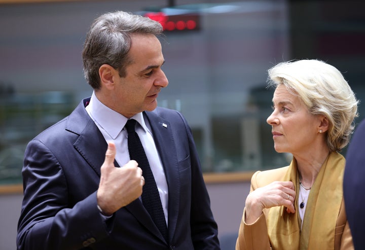 BRUSSELS, BELGIUM - MARCH 23: Greek Prime Minister Kyriakos Mitsotakis (L) and President of the European Union (EU) Commission Ursula von der Leyen (R) attend European Union Leaders Summit in Brussels, Belgium on March 23, 2023. (Photo by Dursun Aydemir/Anadolu Agency via Getty Images)