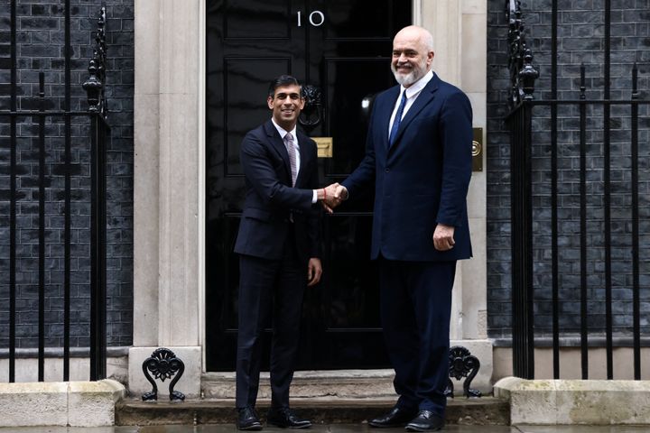 British Prime Minister Rishi Sunak and Albanian Prime Minister Edi Rama shake hands as they meet on Downing Street, in London, Britain, March 23, 2023. REUTERS/Henry Nicholls