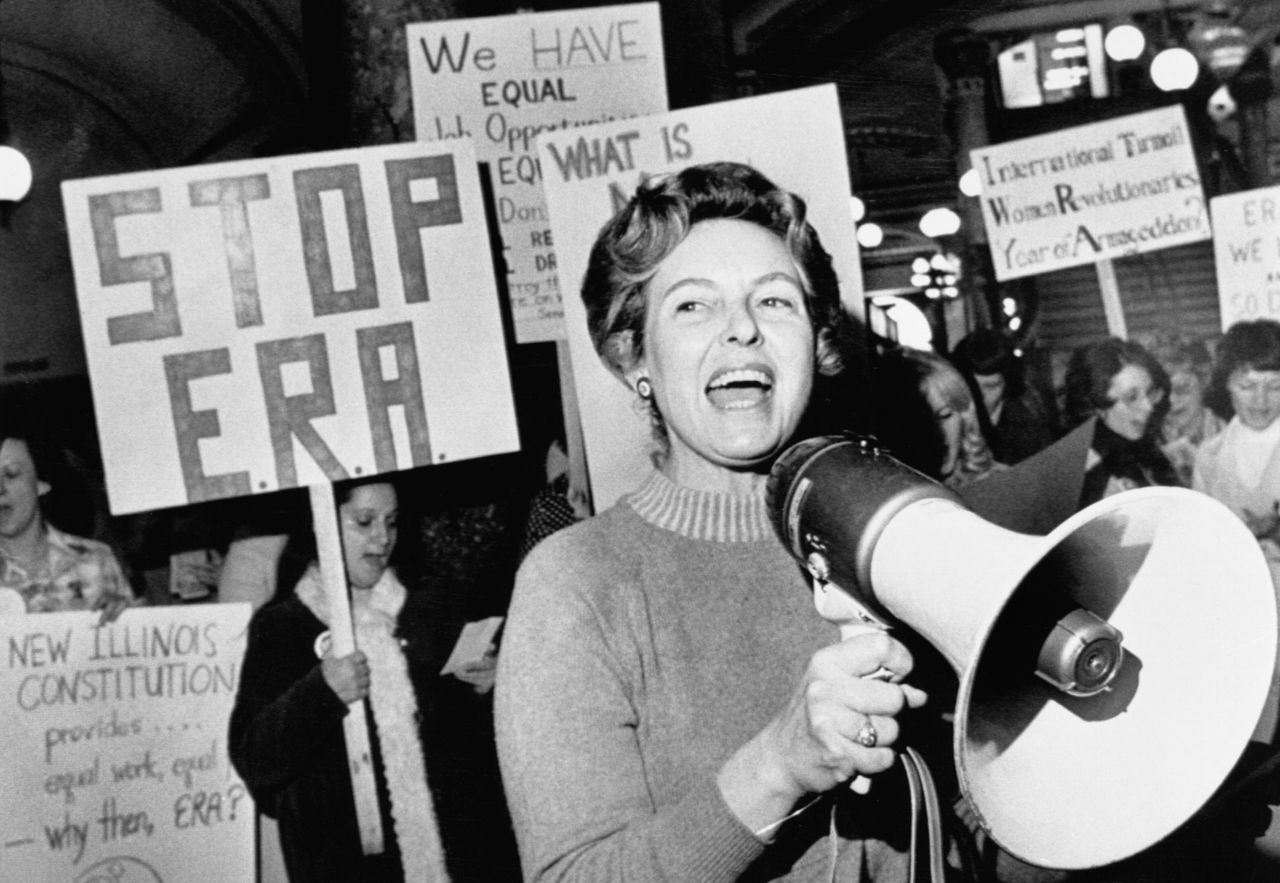 Phyllis Schlafly, national chair of the "Stop ERA" campaign, claimed that the Equal Rights Amendment would lead to men in women's bathrooms.