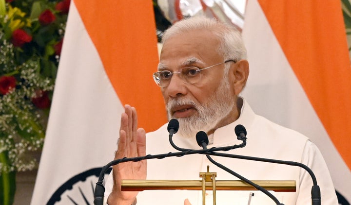 NEW DELHI, INDIA - FEBRUARY 25: Prime Minister Narendra Modi during their joint press statement at the Hyderabad House, on February 25, 2023 in New Delhi, India. Olaf Scholz arrived in New Delhi for a two-day visit, accompanied by senior officials and a high-powered business delegation. (Photo by Sanjeev Verma/Hindustan Times via Getty Images)