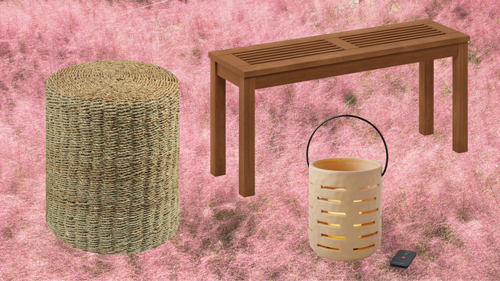 Woven seagrass ottoman, outdoor hardwood bench, ceramic lantern