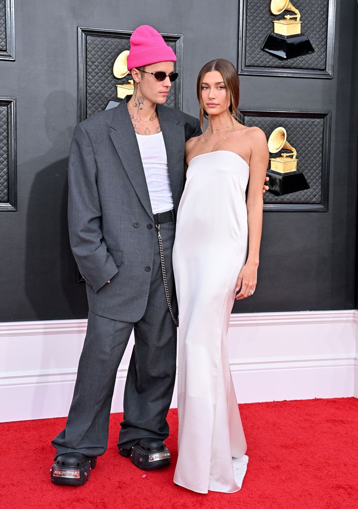 Justin and Hailey Bieber at last year's Grammys