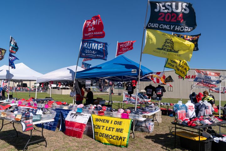 Vendors sell Trump souvenirs ahead of a 2024 campaign rally by former US President Donald Trump in Waco, Texas, March 25, 2023. Trump held the rally at the site of the deadly 1993 standoff between an anti-government cult and federal agents.