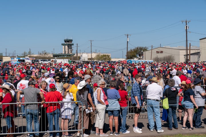 Supporters of Trump arrive for a 2024 election campaign rally in Waco, Texas, on March 25, 2023.