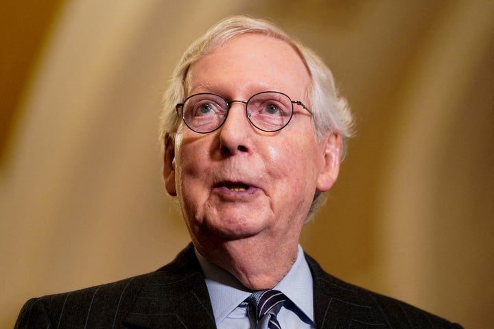 FILE PHOTO: U.S. Senate Minority Leader Mitch McConnell (R-KY) speaks to reporters following the Senate Republicans weekly policy lunch at the U.S. Capitol in Washington, U.S., February 28, 2023. REUTERS/Elizabeth Frantz/File Photo