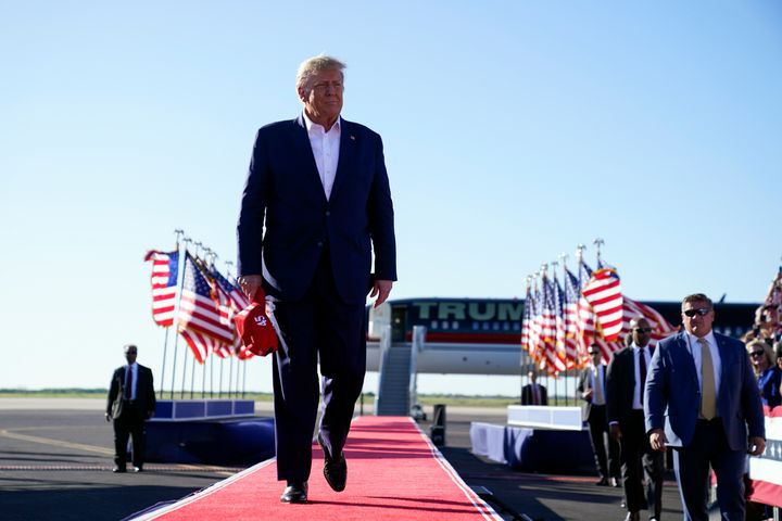 Former President Donald Trump arrives to speak at a campaign rally at Waco Regional Airport, Saturday, March 25, 2023, in Waco, Texas.