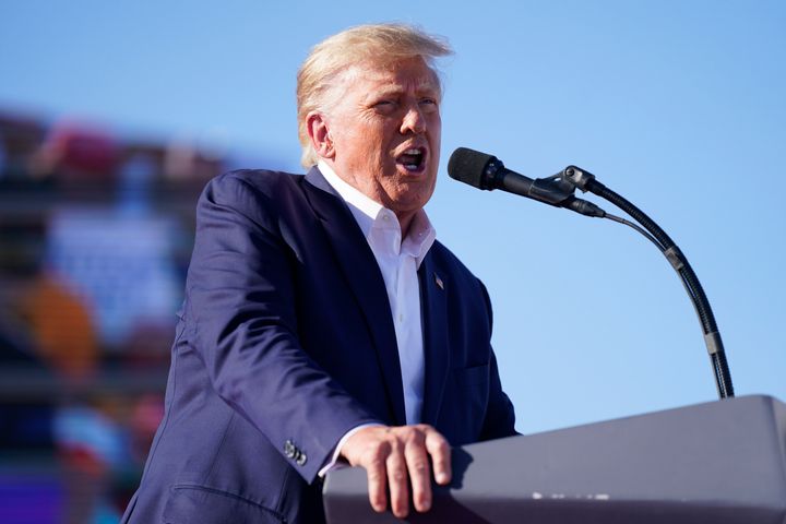 Former President Donald Trump speaks at a campaign rally at Waco Regional Airport, Saturday, March 25, 2023, in Waco, Texas. (AP Photo/Evan Vucci)