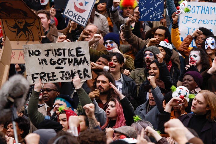 Actors and extras perform during the filming of the movie "Joker: Folie à Deux" in New York on Saturday.