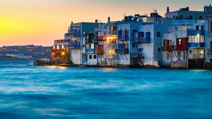 Architecture at Mykonos town (Chora), Mykonos island, Cyclades, Greece at sunset.