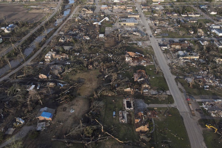 Damage is visible Sunday, March 26, 2023, in Rolling Fork, Miss., after a tornado ripped through the community. Emergency officials in Mississippi say several people have been killed by tornadoes that tore through the state on Friday night, destroying buildings and knocking out power as severe weather produced hail the size of golf balls moved through several southern states.