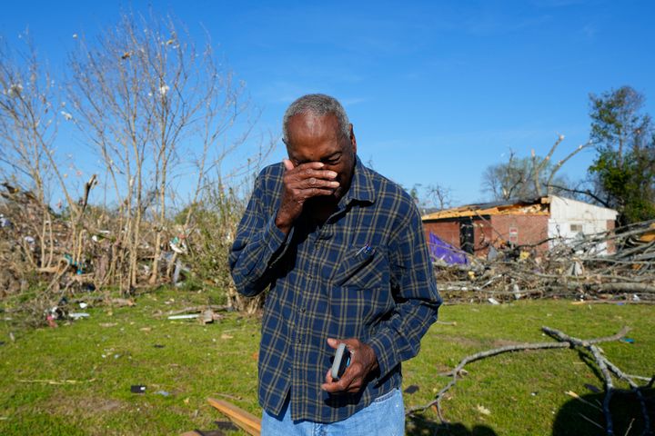 Ezell Williams cries while talking about the damage caused to his properties and those of his neighbors, Sunday, March 26, 2023, in Rolling Fork, Miss., where a tornado swept through the town two days earlier. Emergency officials in Mississippi say several people have been killed by tornadoes that tore through the state on Friday night, destroying buildings and knocking out power as severe weather produced hail the size of golf balls moved through several southern states.