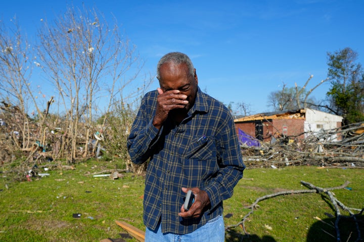 Ezell Williams cries while talking about the damage caused to his properties and those of his neighbors, Sunday, March 26, 2023, in Rolling Fork, Miss., where a tornado swept through the town two days earlier. Emergency officials in Mississippi say several people have been killed by tornadoes that tore through the state on Friday night, destroying buildings and knocking out power as severe weather produced hail the size of golf balls moved through several southern states.