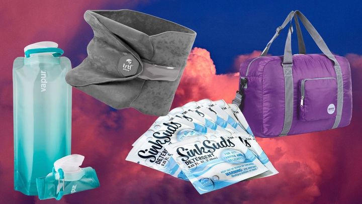 A collapsible water bottle, an ergonomic neck pillow, a pack of laundry detergent sachets and a foldable travel duffle. 