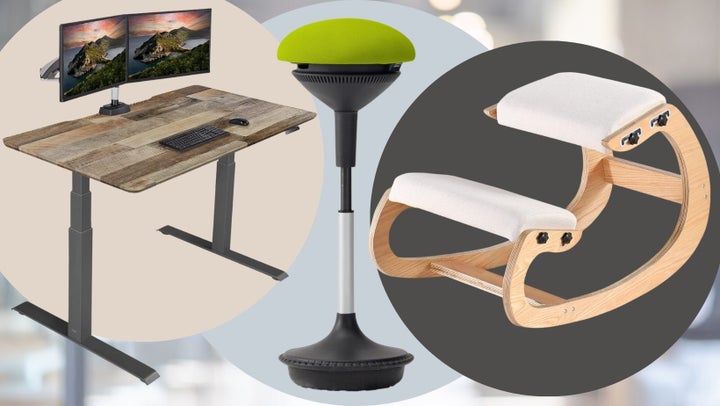 An electric adjustable standing desk, tilting ergonomic stool and kneeling ergonomic chair.