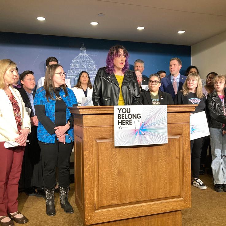 Minnesota state Rep. Leigh Finke (D) speaks at a news conference on March 23. Minnesota is moving to strengthen the state’s protections for children and their families who come for gender-affirming care by making itself a “trans refuge state.”