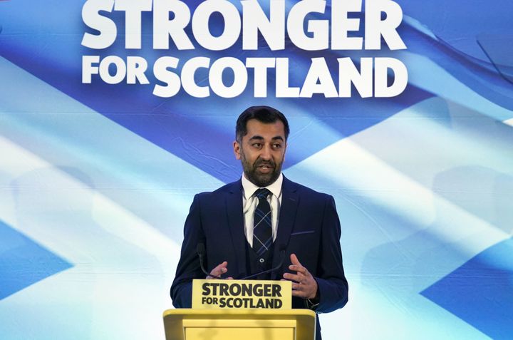 Humza Yousaf speaking at Murrayfield Stadium in Edinburgh, after it was announced that he is the new Scottish National Party leader, and will become the next First Minister of Scotland. 