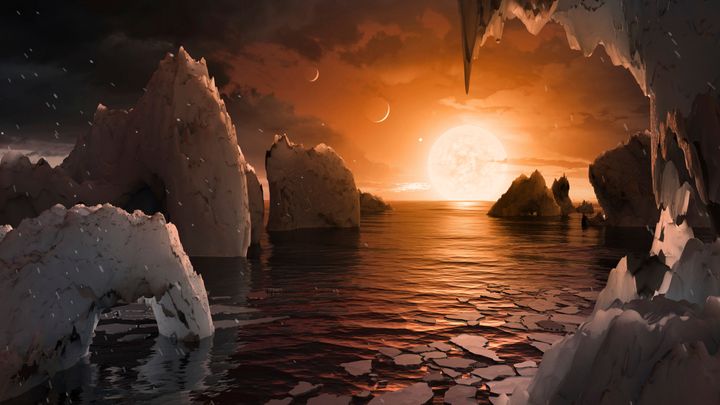 This image provided by NASA/JPL-Caltech shows an artist's conception of what the surface of the exoplanet TRAPPIST-1f may look like, based on available data about its diameter, mass and distances from the host star. (NASA/JPL-Caltech via AP)