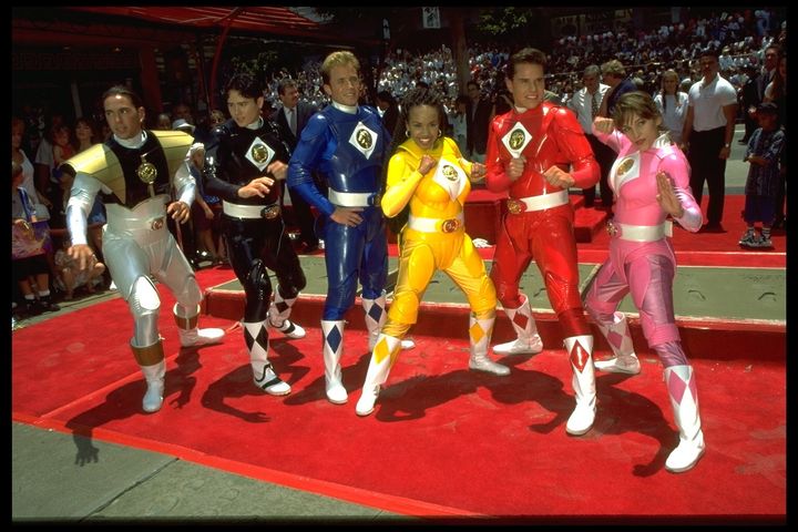 A throwback photo of the stars of "The Mighty Morphin Power Rangers," with Amy Jo Johnson at far right.