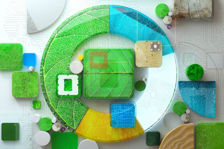 Digital generated image of circular donut chart made out of multi materials surrounded by blocks with nature textures connected together and stylised as microchip. Sustainable technology concept.