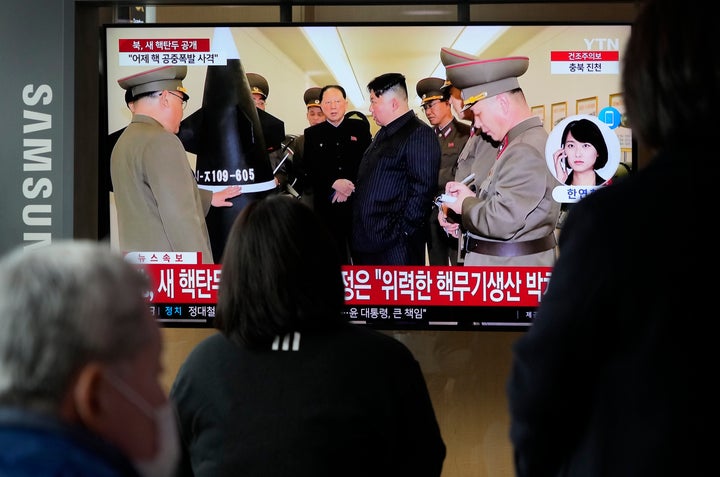 A TV screen shows an image of North Korean leader Kim Jong Un during a news program at the Seoul Railway Station in Seoul, South Korea, on March 28, 2023.