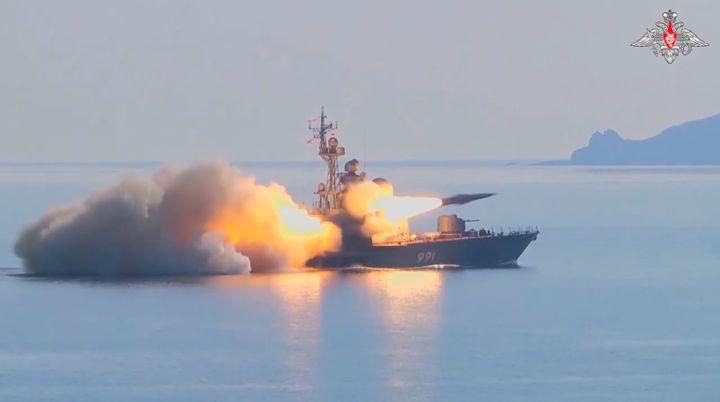 In this photo made from video provided by the Russian Defense Ministry Press Service on March 28, 2023, a Russian navy boat launches an anti-ship missile test in the Peter The Great Gulf in the Sea of Japan. 