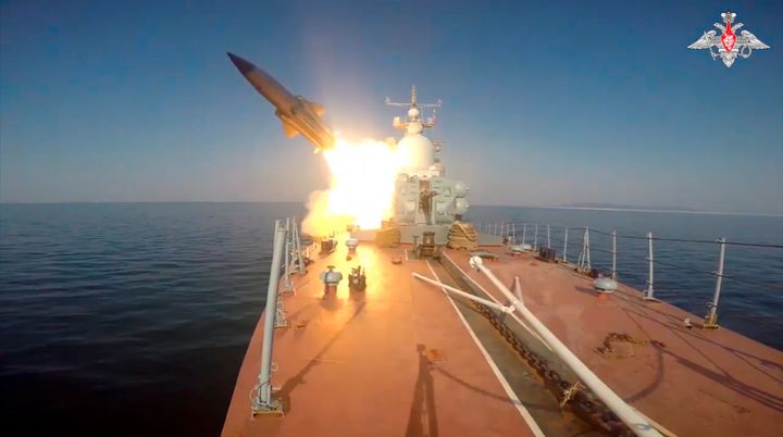 In this photo made from video provided by the Russian Defense Ministry Press Service on March 28, 2023, a Russian navy boat launches an anti-ship missile test in the Peter The Great Gulf in the Sea of Japan.