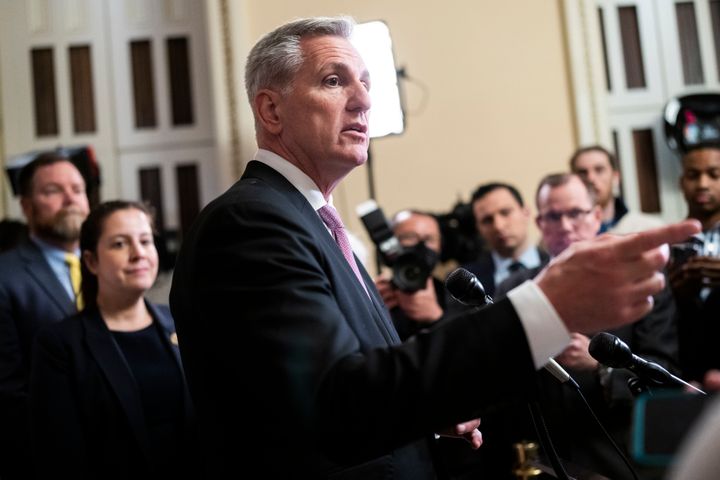 Speaker of the House Kevin McCarthy (R-Calif.) conducts a news conference in the U.S. Capitol after the House passed the Parents Bill of Rights on March 24.