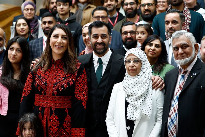Newly elected leader of the Scottish National Party Humza Yousaf poses with his family, including his wife Nadia El-Nakla (L) at the Scottish Parliament on March 28, 2023 in Edinburgh, Scotland. Humza Yousaf was elected as the new leader of the Scottish National Party yesterday after Nicola Sturgeon resigned in February.