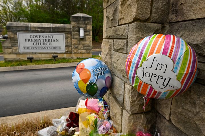 A memorial is set up outside The Covenant School in Nashville on Tuesday.