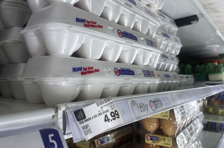 A 12-count carton of Eggland's Best brand eggs is listed for $4.99 at a grocery store on North Western Avenue in Chicago in January. 