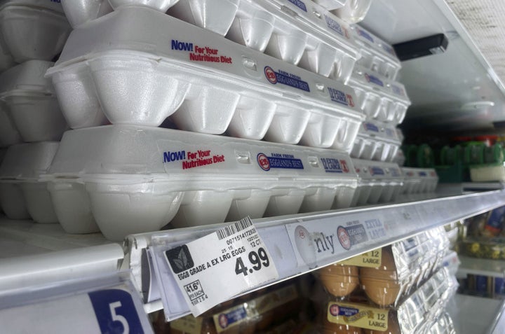 A 12-count carton of Eggland's Best brand eggs is listed for $4.99 at a grocery store on North Western Avenue in Chicago in January.