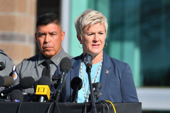 FILE - New Mexico First Judicial District Attorney Mary Carmack-Oltvis (R) speaks at a press conference at the Santa Fe County Public Safety Building in 2021.  The appointment of Kari Morrissey and Jason Lewis as special prosecutors will allow Carmack-Oltvis to focus on 