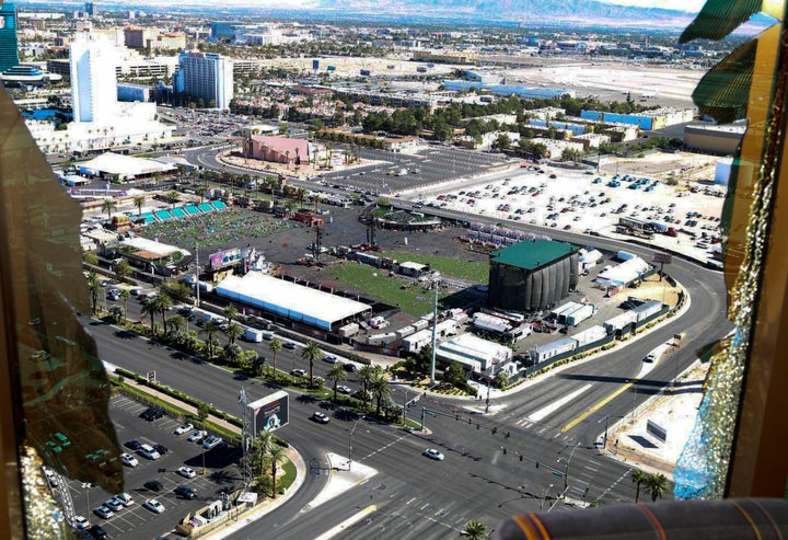 FILE - This Oct. 2017 photo released by the Las Vegas Metropolitan Police Department Force Investigation Team Report shows the view of Las Vegas Village from Mandalay Bay's room 32-135, part of the evidence images included on a preliminary report showing the interior of Stephen Paddock's 32nd floor room of the Mandalay Bay hotel in Las Vegas.