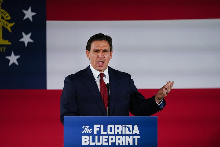 Florida Governor Ron DeSantis speaks during an event on his nationwide book tour at Adventure Outdoors, the largest gun store in the country, on March 30 in Smyrna, Georgia.