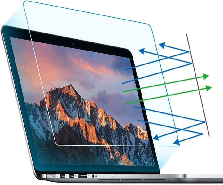 You can find a blue light screen protector for any laptop make and model online. This one fits a 15-inch Macbook Pro.